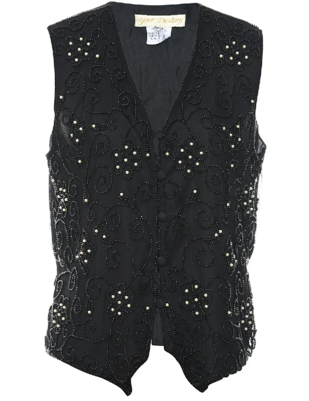 Beaded Black 1990s Waistcoat - L Hip Men's Retro