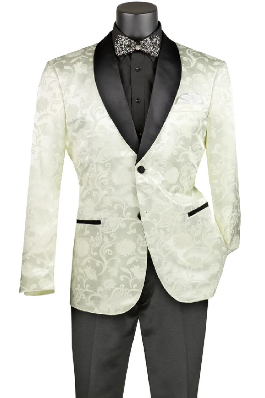 Slim Fit Silky Jacquard Fabric Sport Coat Single Breasted 2 Buttons with Bow Tie Ivory Bold Men's Statement