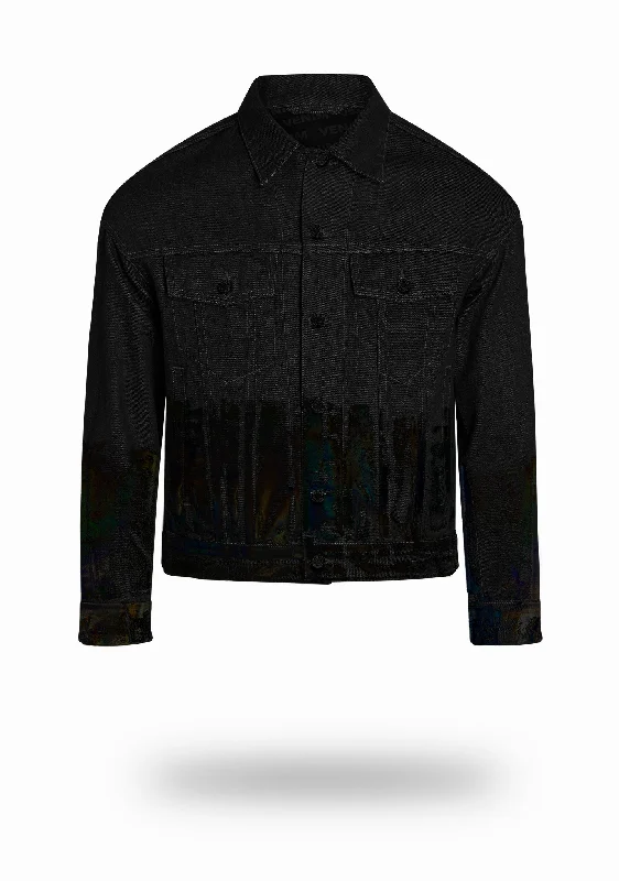 Shorter Classic Black Denim Jacket with Midnight Oil Foil Laid