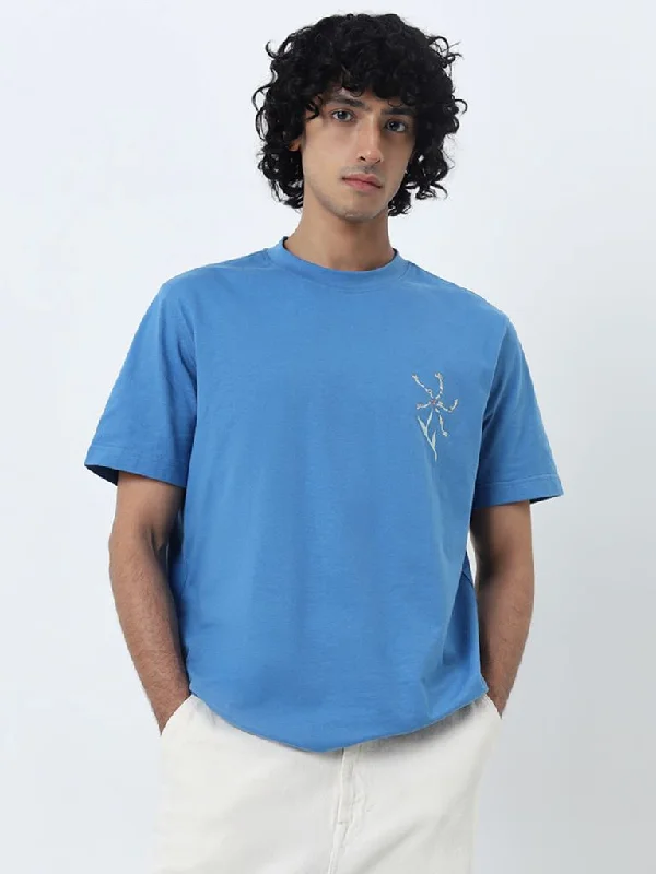 Nuon Blue Text Design Relaxed-Fit Cotton T-Shirt Laid