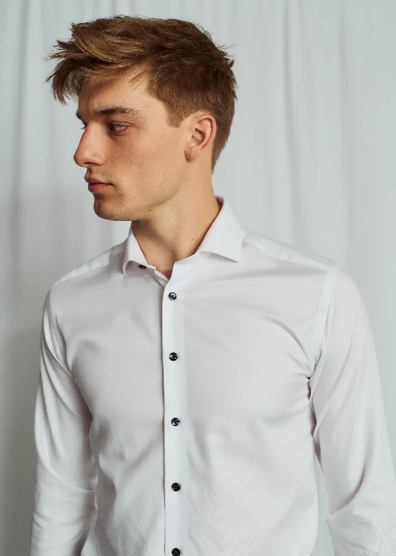 Modern Fit | Solid Textured Long Sleeve Shirt with Navy Buttons - White Confident Men's Power