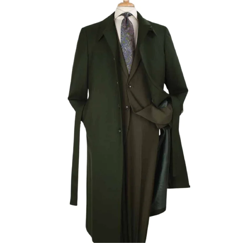 Green Black Diamond Wool Gabardine Duster Coat Refined Men's European