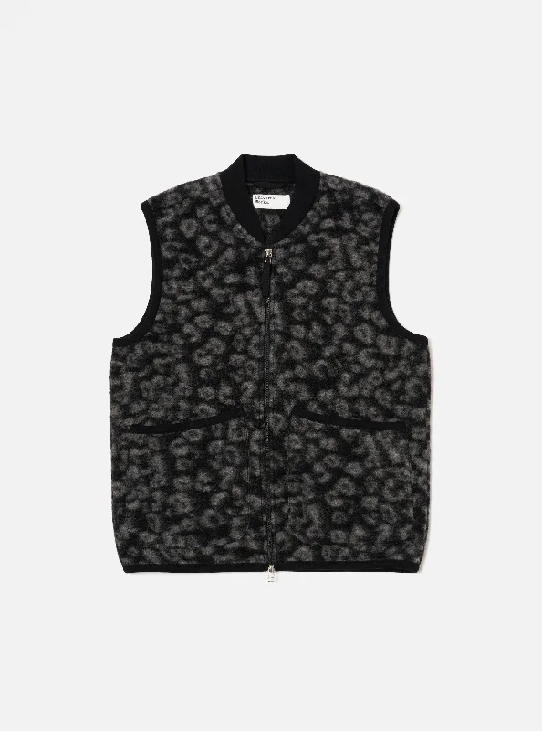 Universal Works Zip Waistcoat in Black/Charcoal Leopard Fleece Gym