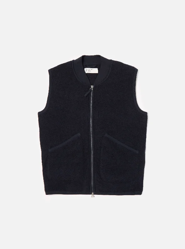 Universal Works Zip Waistcoat in Navy Wool Fleece British Gentleman Style