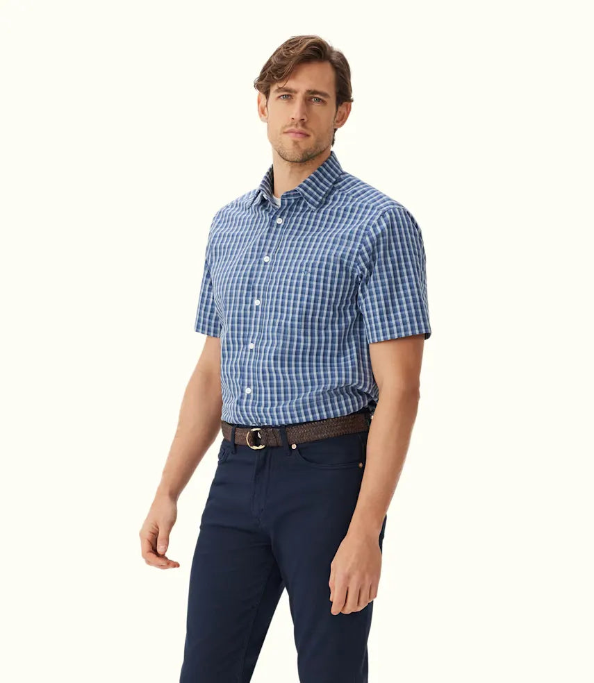 R.M.Williams - Classic Shirt - Short Sleeve - Check - Blue Relaxed Men's Beach