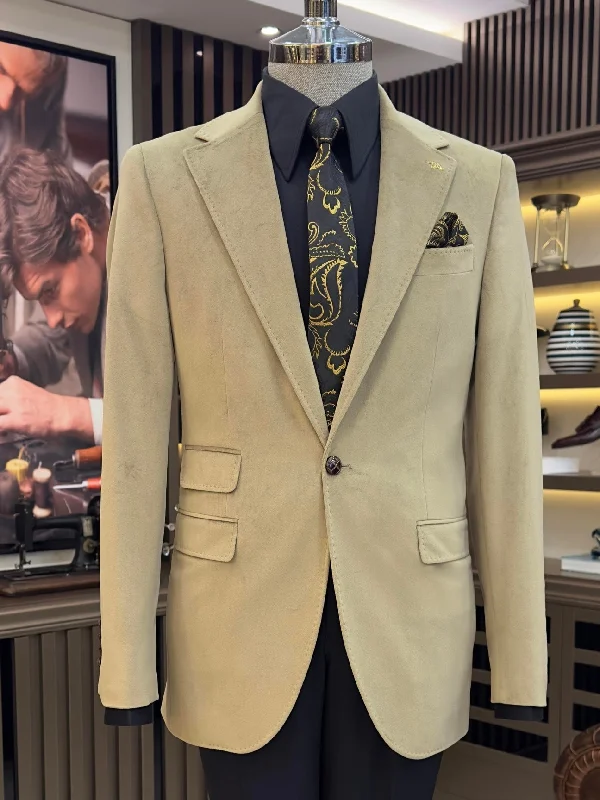 Beige Single Breasted Blazer Artistic Men's Hand