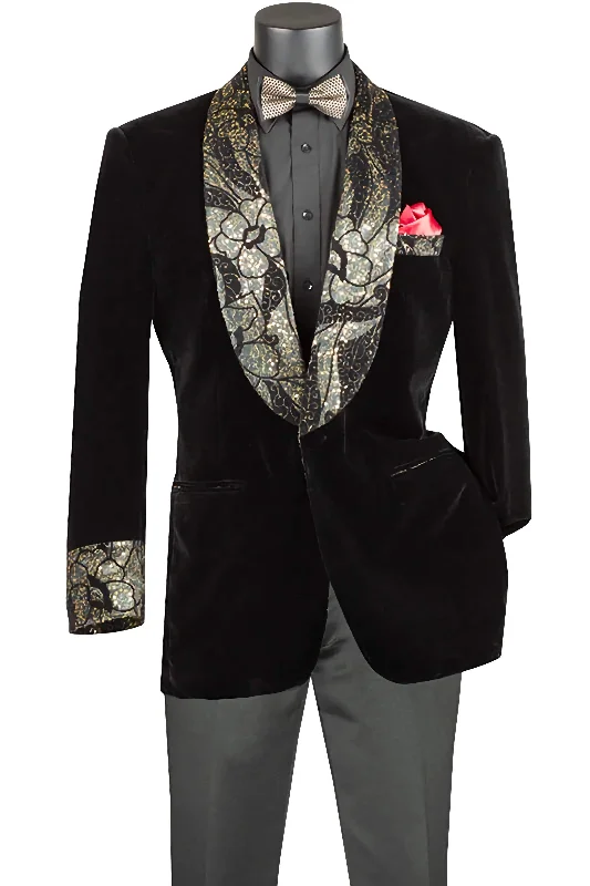 Black Regular Fit Velvet Jacket with Wide Shawl Lapel and Cuffs Modern Men's 