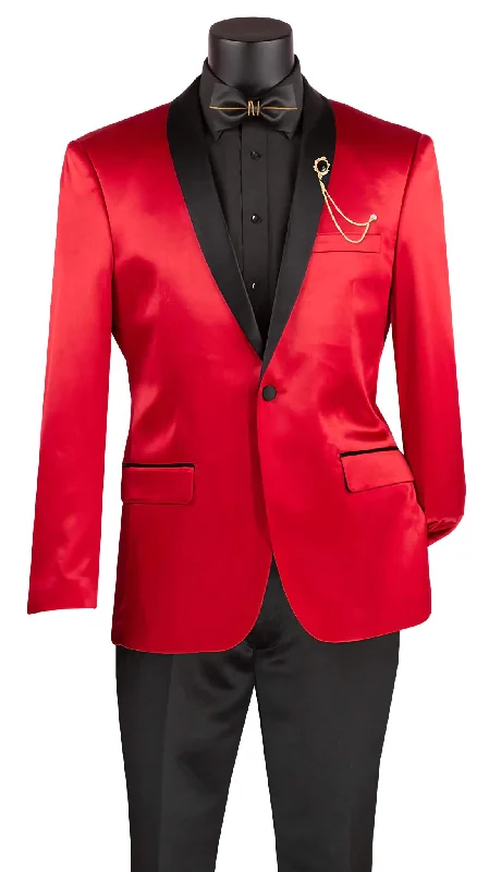 Red Slim Fit Blazer Stretch Sateen 1 Button With Narrow Shawl Lapel Refined Men's Classic 