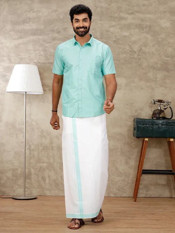 Men Fountain Blue Matching Border Dhoti & Half Sleeves Shirt Set BB2 Vacation