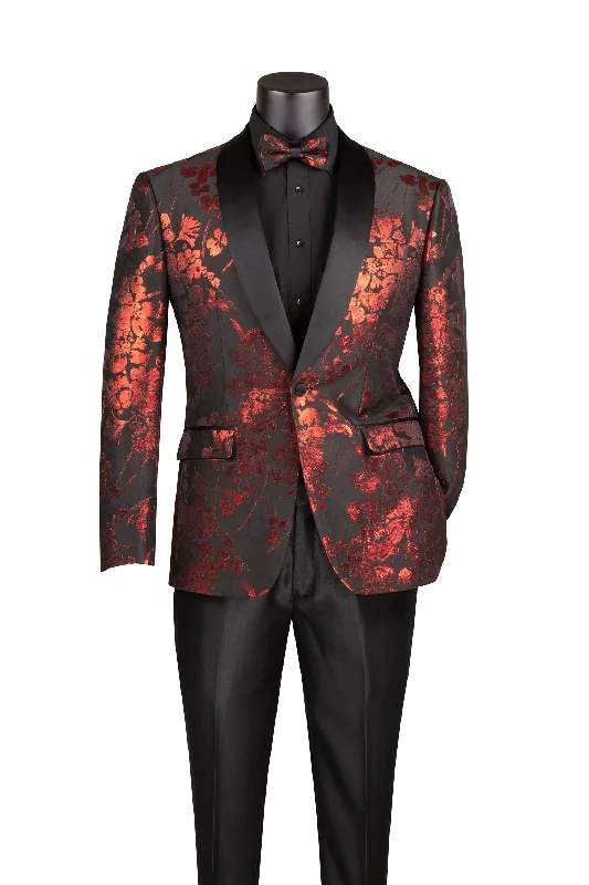 Red Slim fit Fit Floral Pattern Jacket Shawl Lapel With Bow Tie Confident Men's High