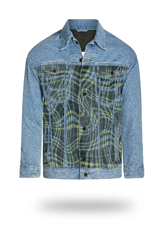 Limited Edition Acid Plaid Vintage Wash Denim Jacket - Longer Bold Men's Statement