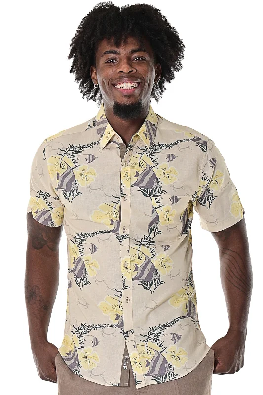 Bohio Men's Linen Button-Down Shirt w/Pocket Tropical Angel Fish Hibiscus Print Beige-MLSP1694 Youthful Men's Pop