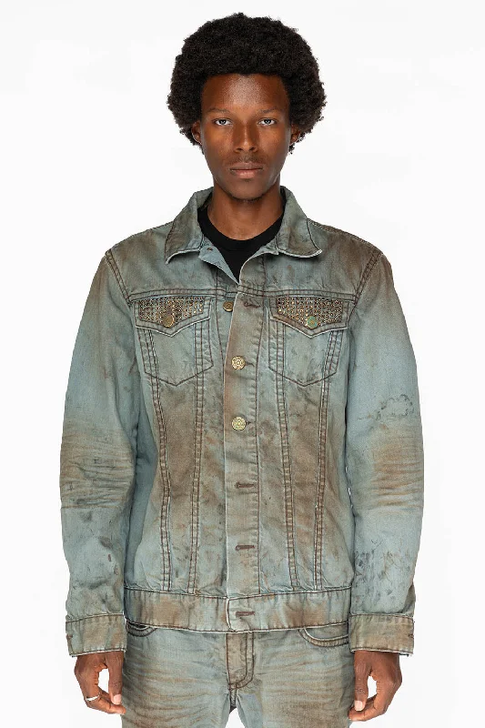 VINTAGE FASHION LIGHT BLUE JEAN JKT WITH BROWN CONTRAST STICH WITH CRYSTALS Tailored