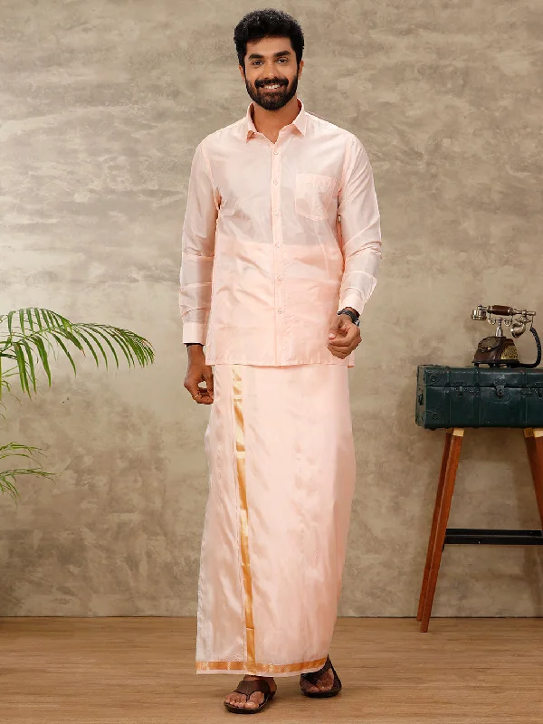 Men Art Silk Coral Pink Shirt & Dhoti Set Swayamvara Sleek Men's Metallic