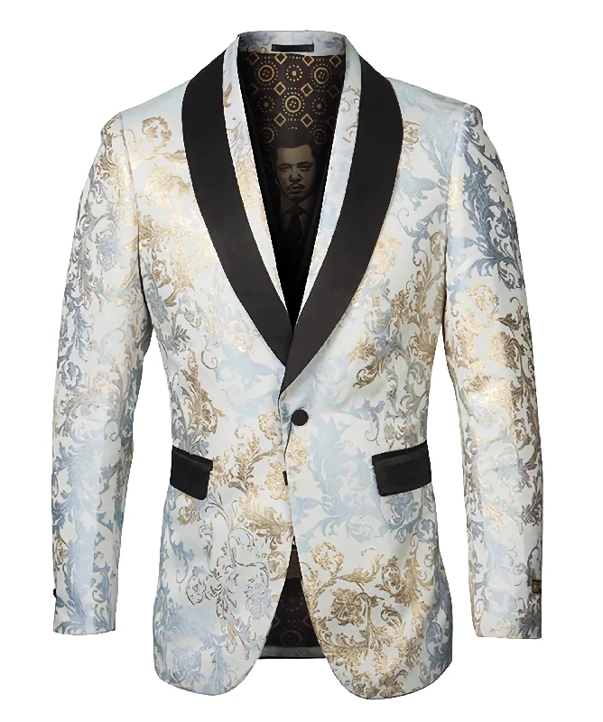 Blue/Gold Floral Pattern Sports Coat Slim Fit Athletic Men's High