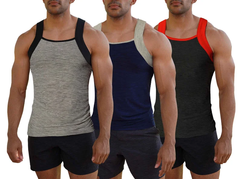 Square Cut G-unit Style Tank Top | Athletic Dry Fit Contrast Color | Men's (3 Pack) Stylish Men's Tropical 