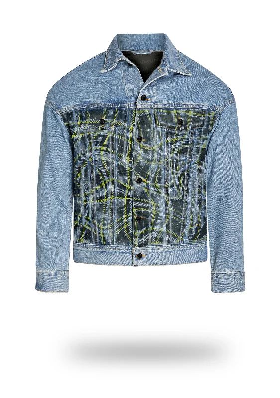 Limited Edition Acid Plaid Vintage Wash Denim Jacket - Shorter Dynamic Men's Moto