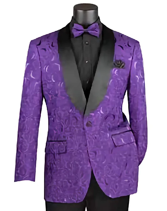 Purple Regular Fit Floral Pattern Jacket Shawl Lapel with bow tie Trendy Men's Bucket