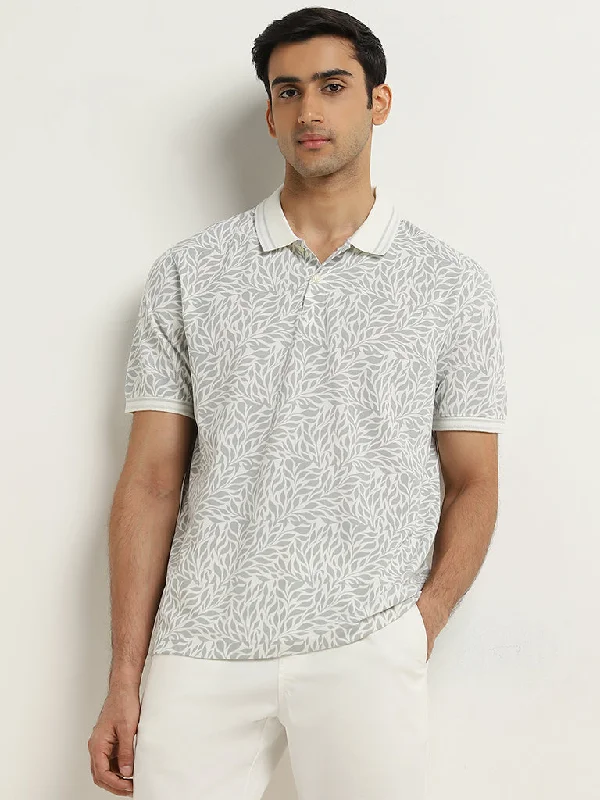 WES Casuals Grey Printed Relaxed-Fit Cotton Polo T-Shirt Organic