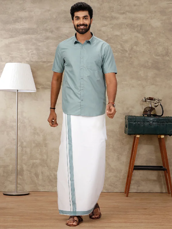 Men Green Matching Border Dhoti & Half Sleeves Shirt Set BB9 Cclassic Men's Tweed