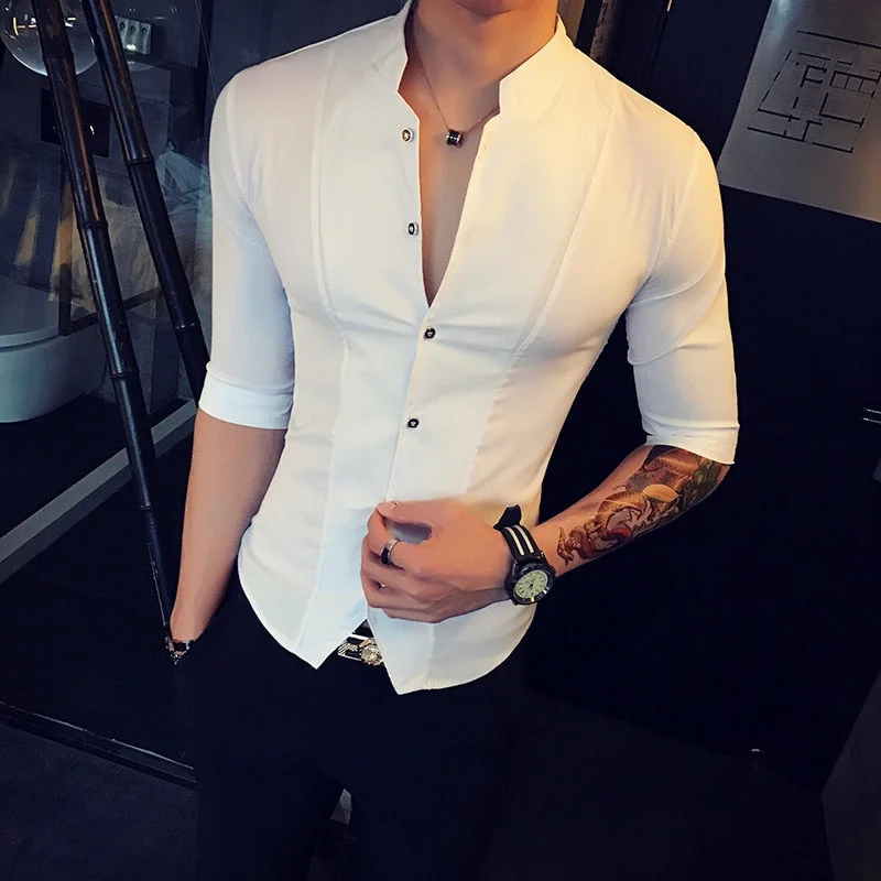 Stand Collar Chinese Style Shirt Men Slim Fit Korea Clothes Men Half Sleeve 2018 Summer Designer Club Shirt Camisa Masculina Sleek Men's Contemporary 