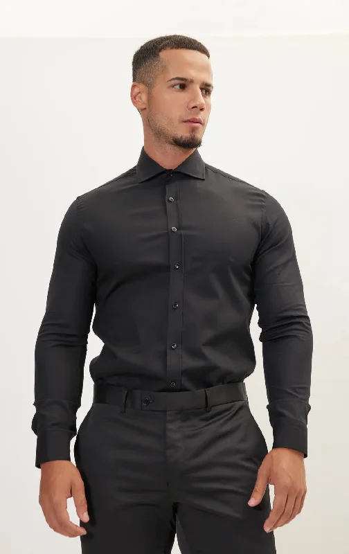 Textured Cotton Spread Collar Dress Shirt- Black Earthy Men's Sustainable 