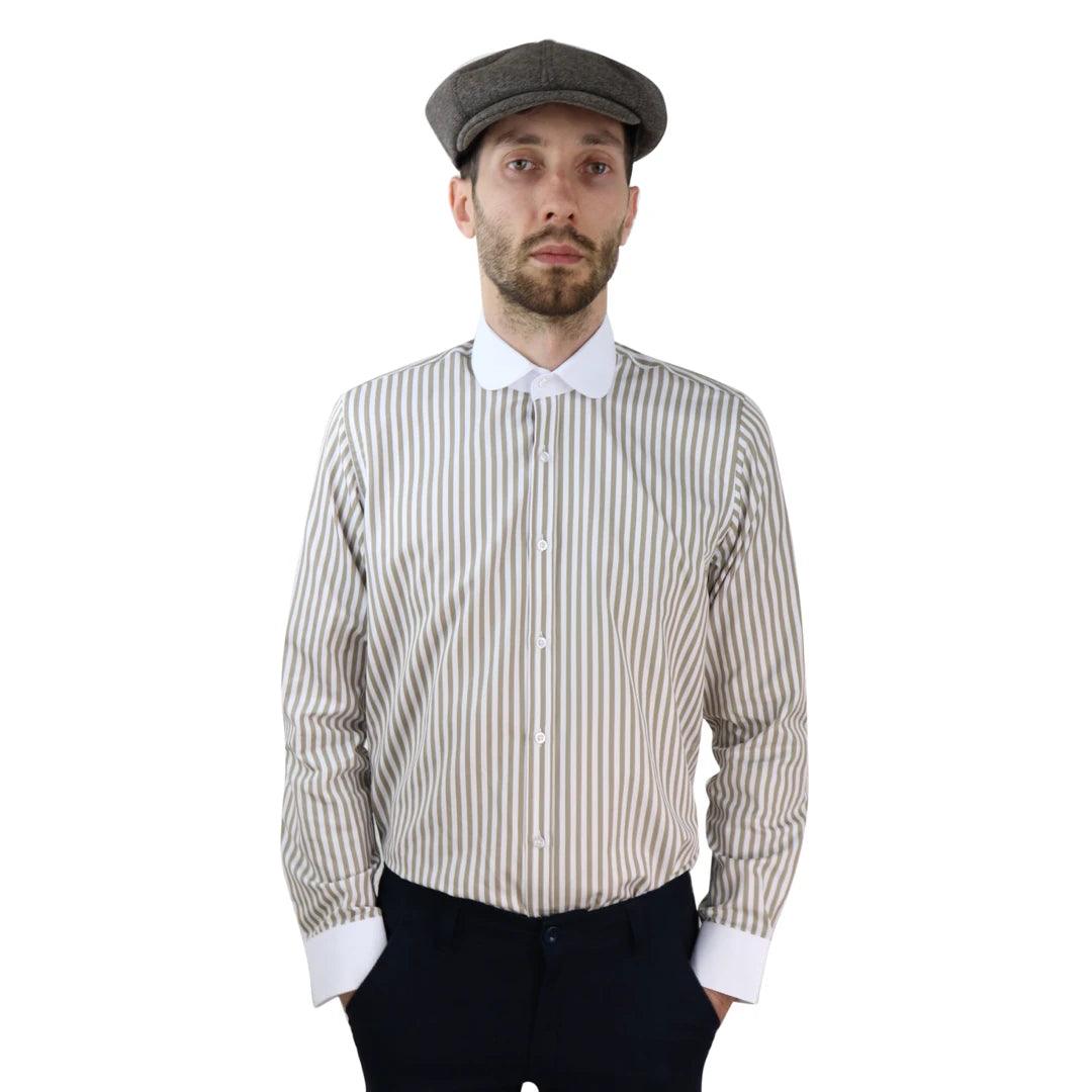 Mens Penny Button Shirt Round Collar Peaky Blinders Stripe Regular Fit Classic Classic Men's Pin