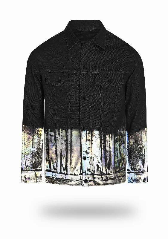 Longer Classic Black Denim Jacket with Holographic Foil Sleek Men's Metallic