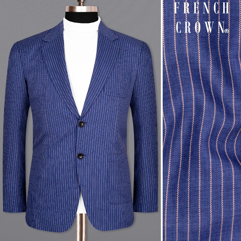 Governor Bay Blue Striped Wool Rich Sports Blazer Unique Men's Patch