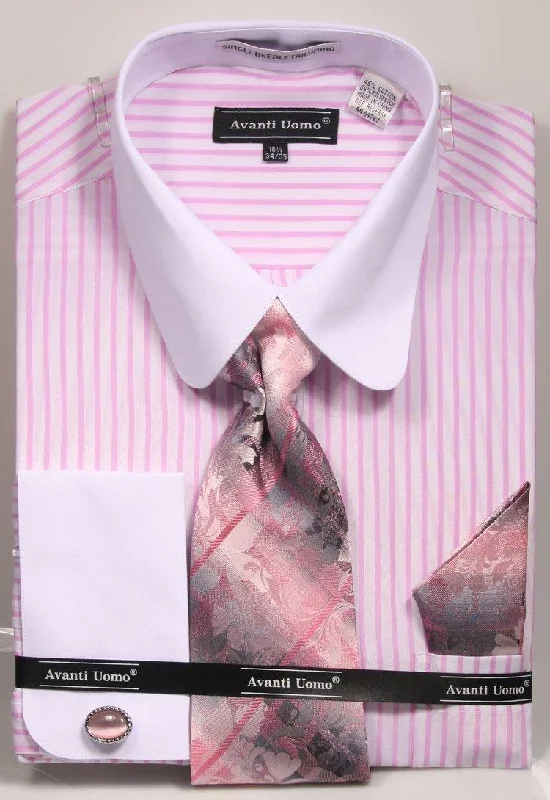 Men's Pink PinStripe Shirt Set with white Rounded Collar Modern Men's Geometric