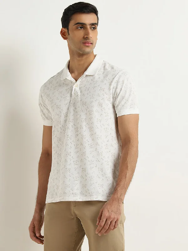 WES Casuals White Printed Relaxed-Fit Polo T-Shirt Modern Men's 