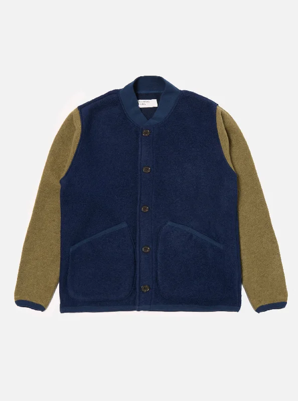 Universal Works Button Front Bomber in Indigo/Lovat Wool Fleece Vacation