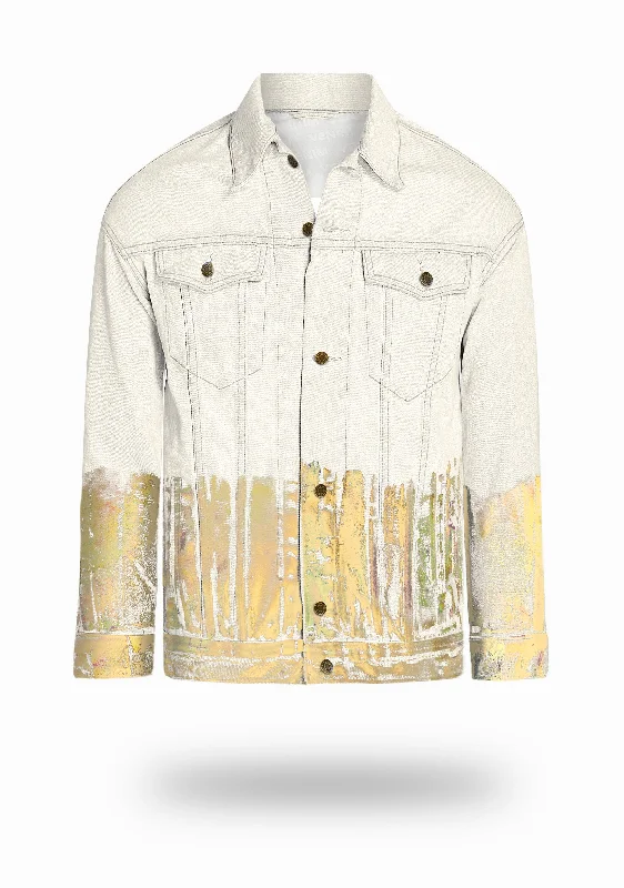 Longer Off-White Denim Jacket with Gold Holographic Foil Sleek Men's Contemporary 