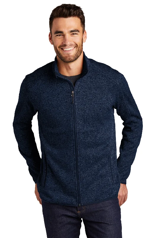 Port Authority Mens Full Zip Sweater Fleece Jacket - Heather River Navy Blue Sleek Men's Contemporary 