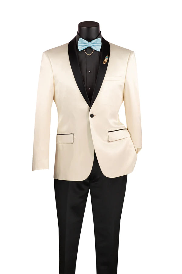 Champagne Beige  Slim Fit Blazer Stretch Sateen 1 Button With Narrow Shawl Lapel Athletic Men's Compression