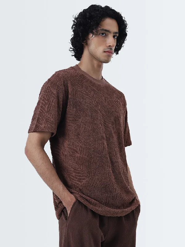 ETA Brown Self-Textured Slim-Fit Cotton T-Shirt Streetwear Style