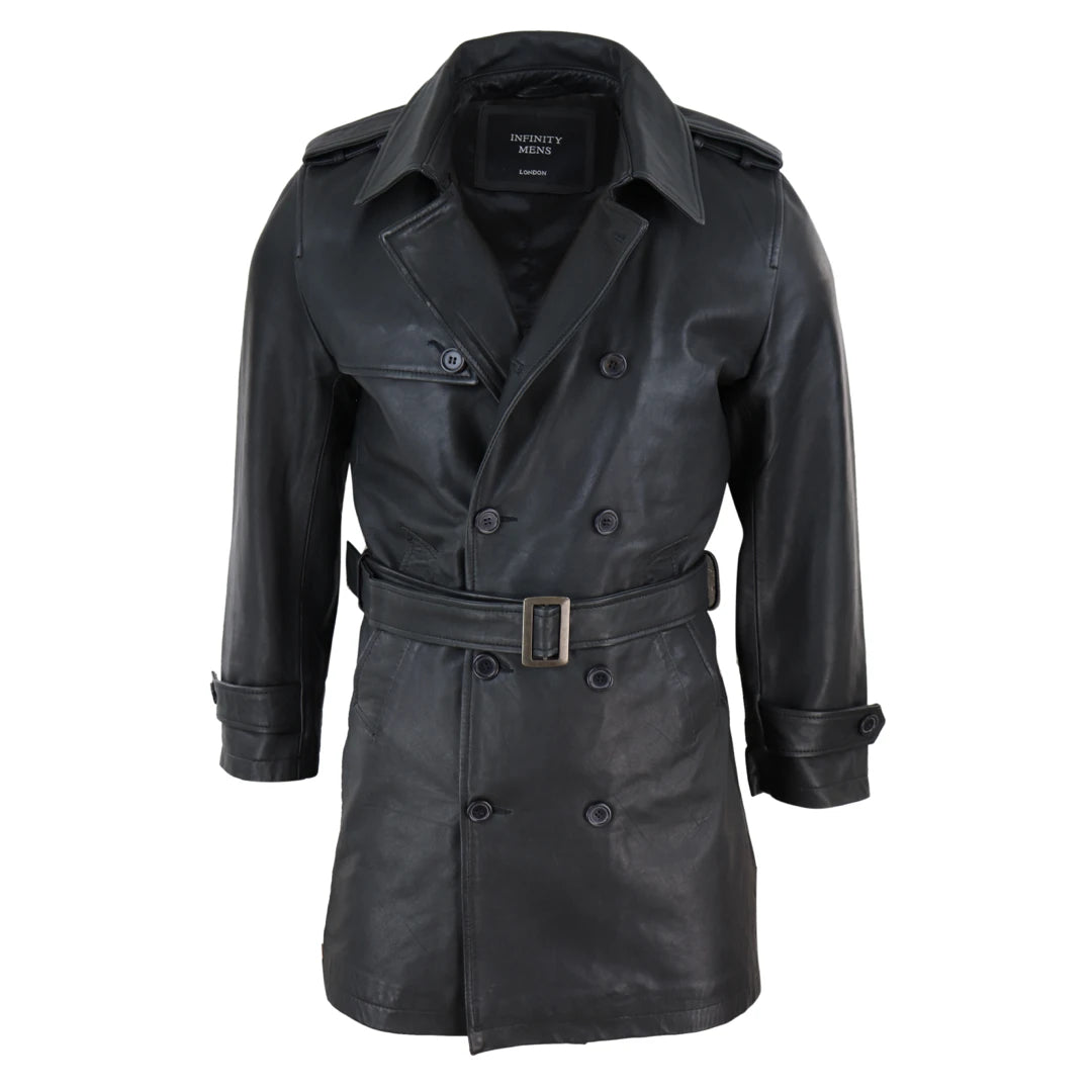 Men's Black 3/4 Trench Coat Leather Belted Jacket Classic Soft Napa Classic Hip Men's Urban