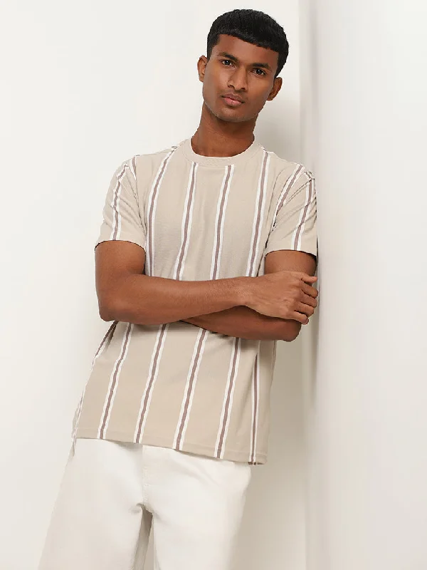 Nuon Beige Striped Cotton Blend Slim Fit T-Shirt Sleek Men's Metallic