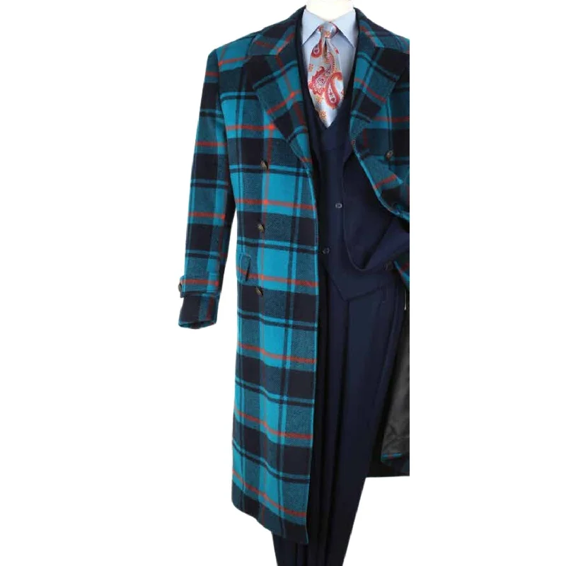 Men's Window Pane High Fashion Double-Breasted Wool Coat In Teal Green Monochromatic All