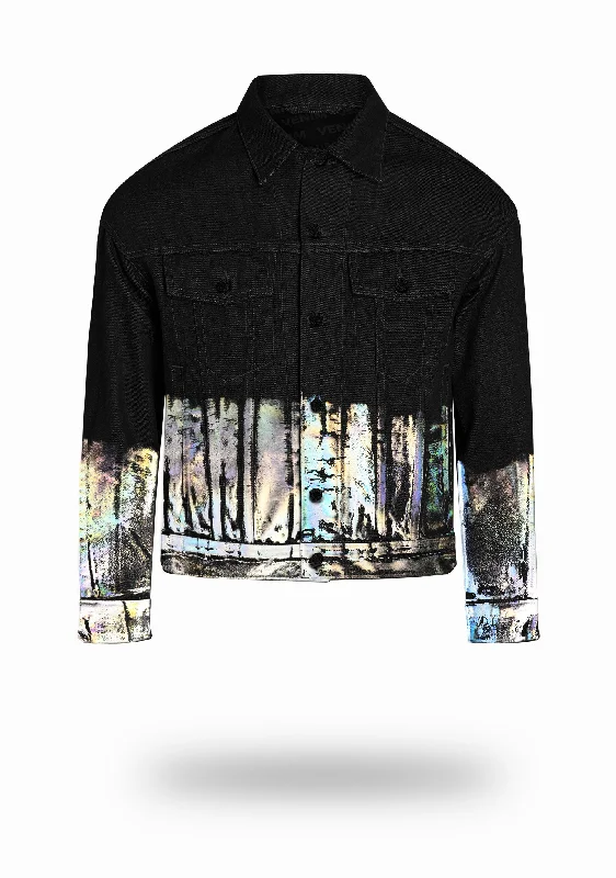 Shorter Classic Black Denim Jacket with Holographic Foil Refined Men's European