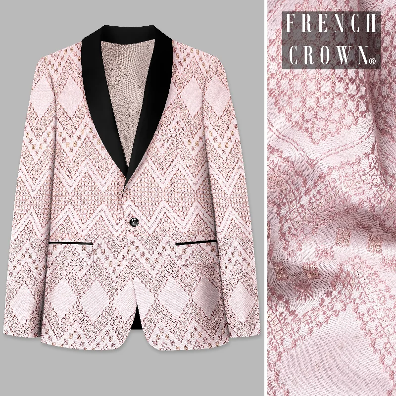 Blossom Pink Thread and Chevron Sequin Embroidered Tuxedo Blazer Vintage Men's 1970S Disco