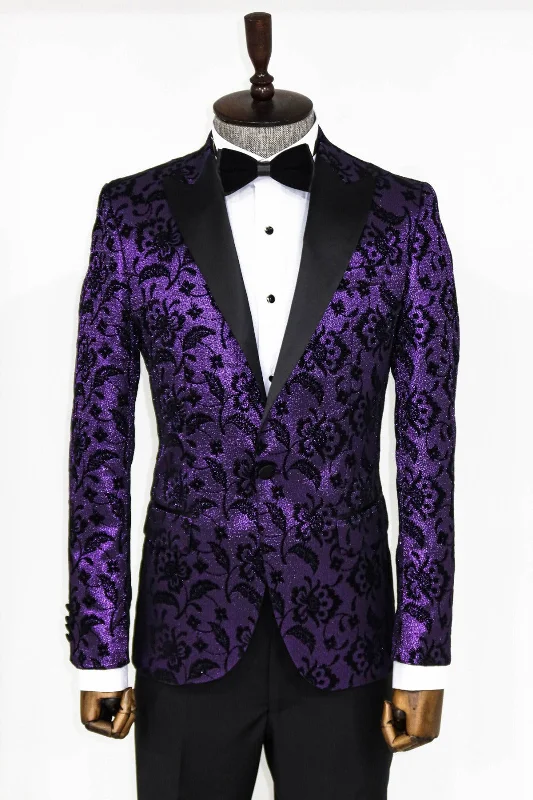 Fancy Custom Made Purple  Slim Jacket With Black Lapel Dapper Men's Bow