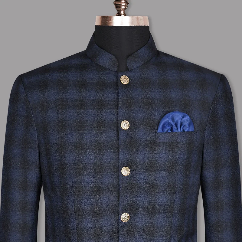 Zodiac Blue Plaid Bandhgala/Mandarin Wool-Silk blend Blazer Tough Men's Military