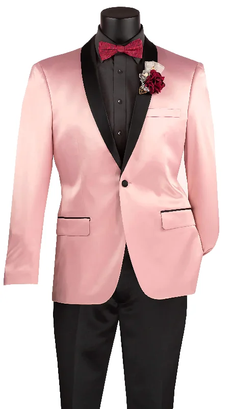 Pink  Slim Fit Blazer Stretch Sateen 1 Button With Narrow Shawl Lapel Business