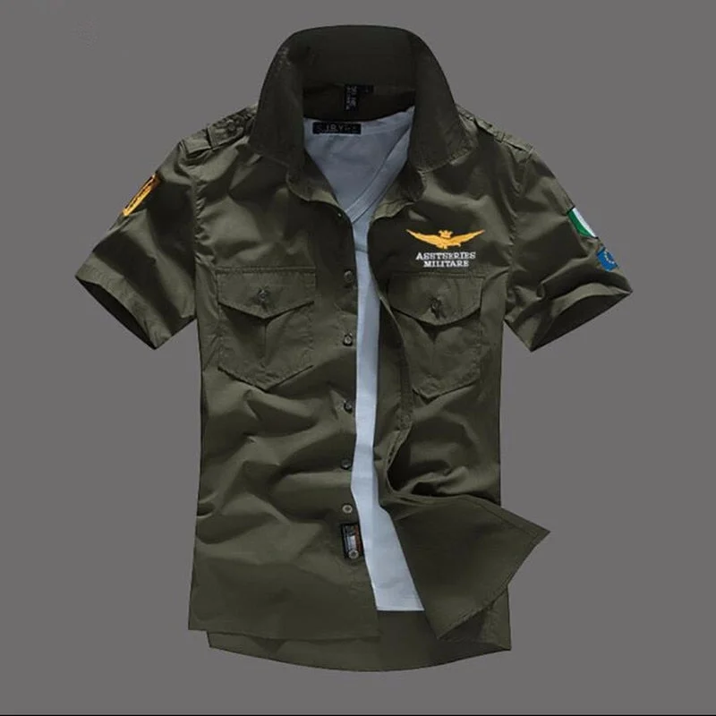 Men Shirt Airforce Uniform Military Short Sleeve Slim Fit Camisa Masculina Khaki Army Green Shirt High Quality Shirt Men Lumberjack