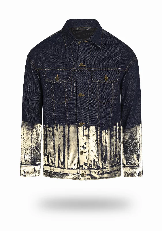 Longer Indigo Denim Jacket with Champagne Gold Foil Modern Men's Geometric