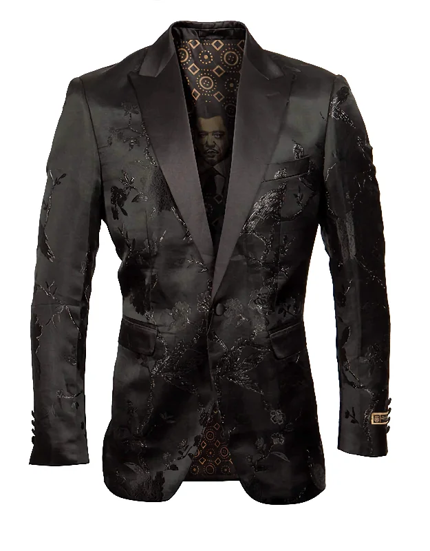 Black Slim Fit Floral Pattern Sports Coat Earthy Men's Hemp