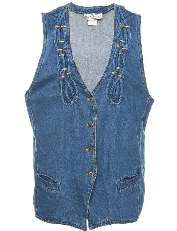 Medium Wash Denim Jacket Vest - L Cool Men's Distressed