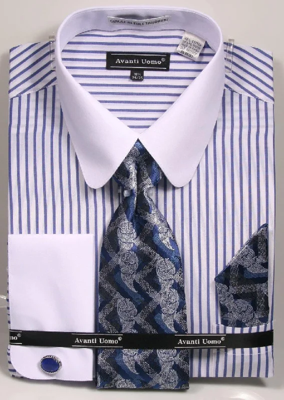 Men's Blue PinStripe Shirt Set with white Rounded Collar Hip Men's Retro