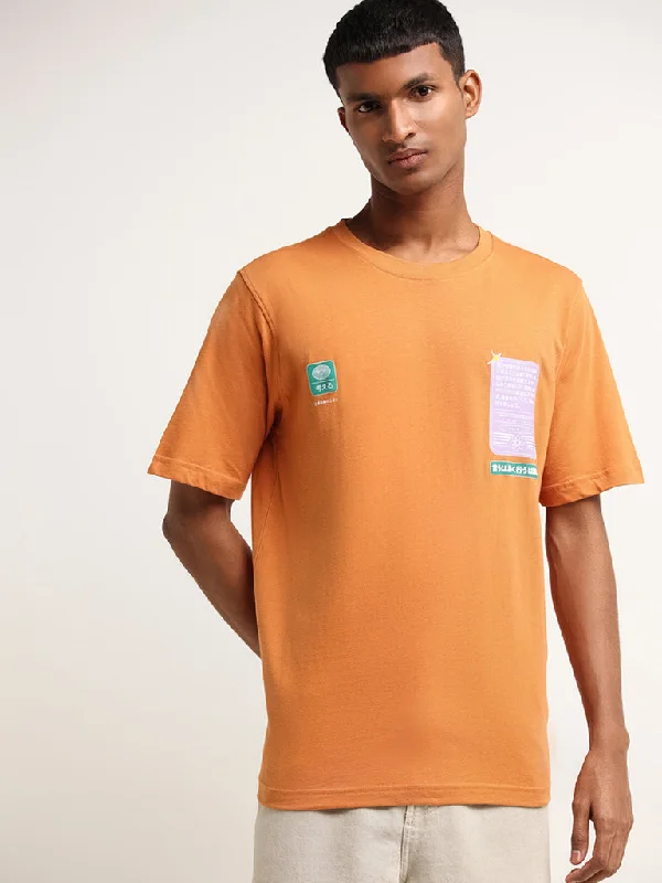 Nuon Orange Relaxed Fit Contrast Print Cotton T-Shirt Artistic Men's Avant